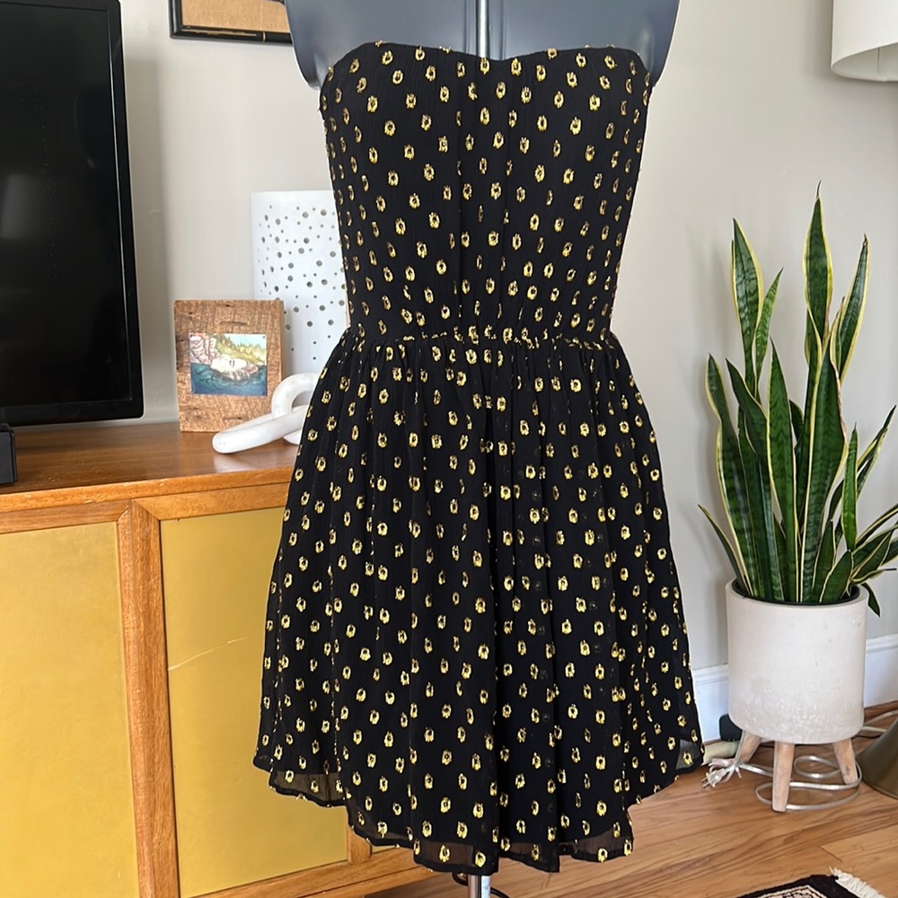 Greylin Black & Gold Silk Strapless Mini Dress Size S